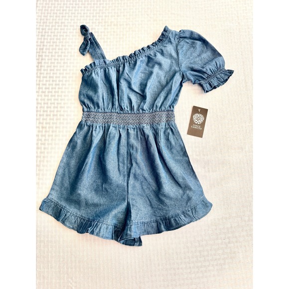 Vince Camuto Other - Vince Camuto‎ Girls Denim Romper One Shoulder Puff Sleeve Blue Chambray NWT 6X